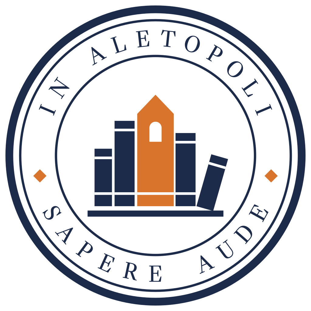 Aletopoli - Casa Editrice 4.0: marca tipografica con la città dei libri e il motto In Aletopoli Sapere Aude